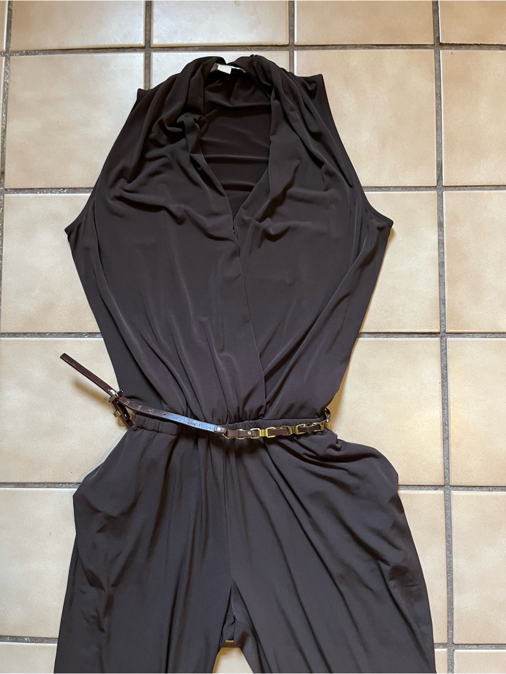 Michael Kors Chocolate Brown Sleeveless Halter Jumpsuit